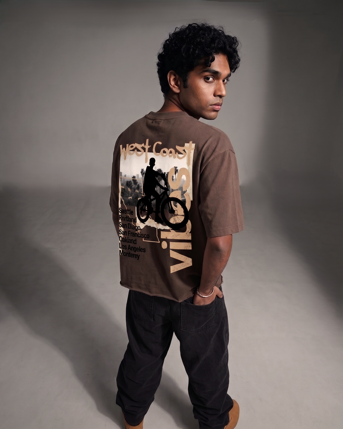 West Coast Vibes Brown Boxy Fit T-Shirt | 240 GSM French Terry Brown Graphic Tee