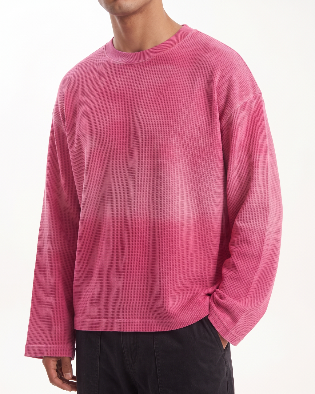 Pink Ombré Waffle Knit Oversized Full-Sleeve T-Shirt | 240 GSM Cotton Waffle Knit Tee
