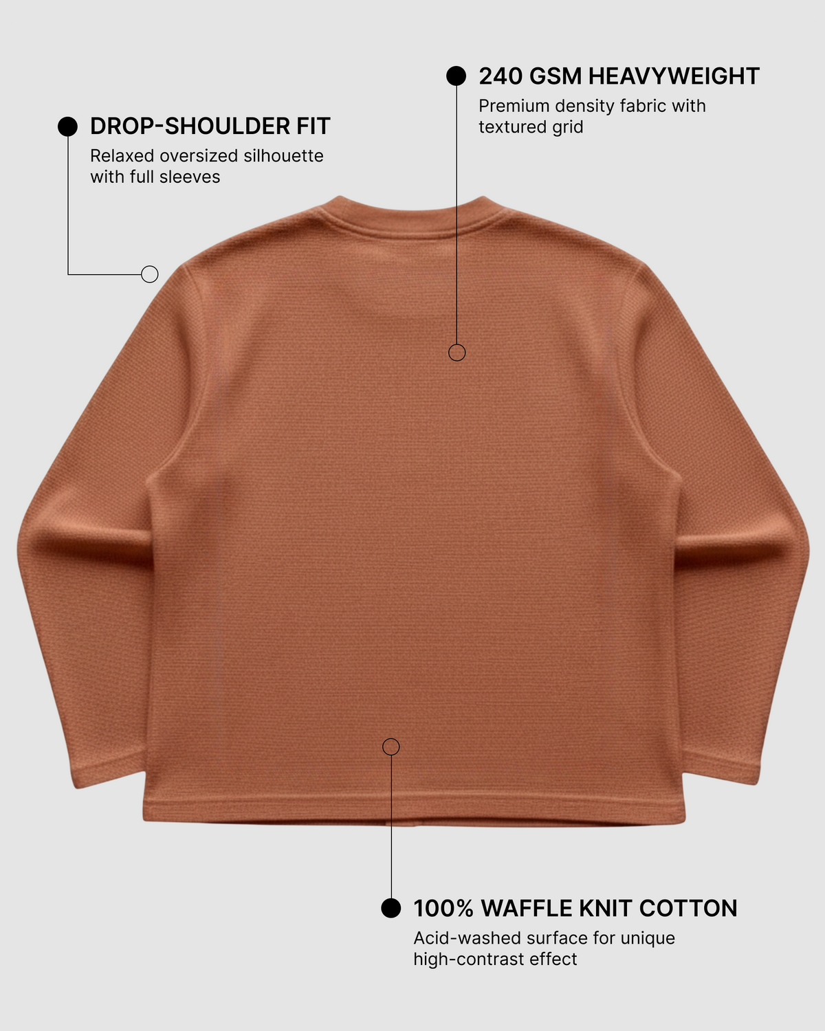 Anxiety Brown Waffle Knit Oversized Full-Sleeve T-Shirt | 240 GSM Cotton Graphic Tee