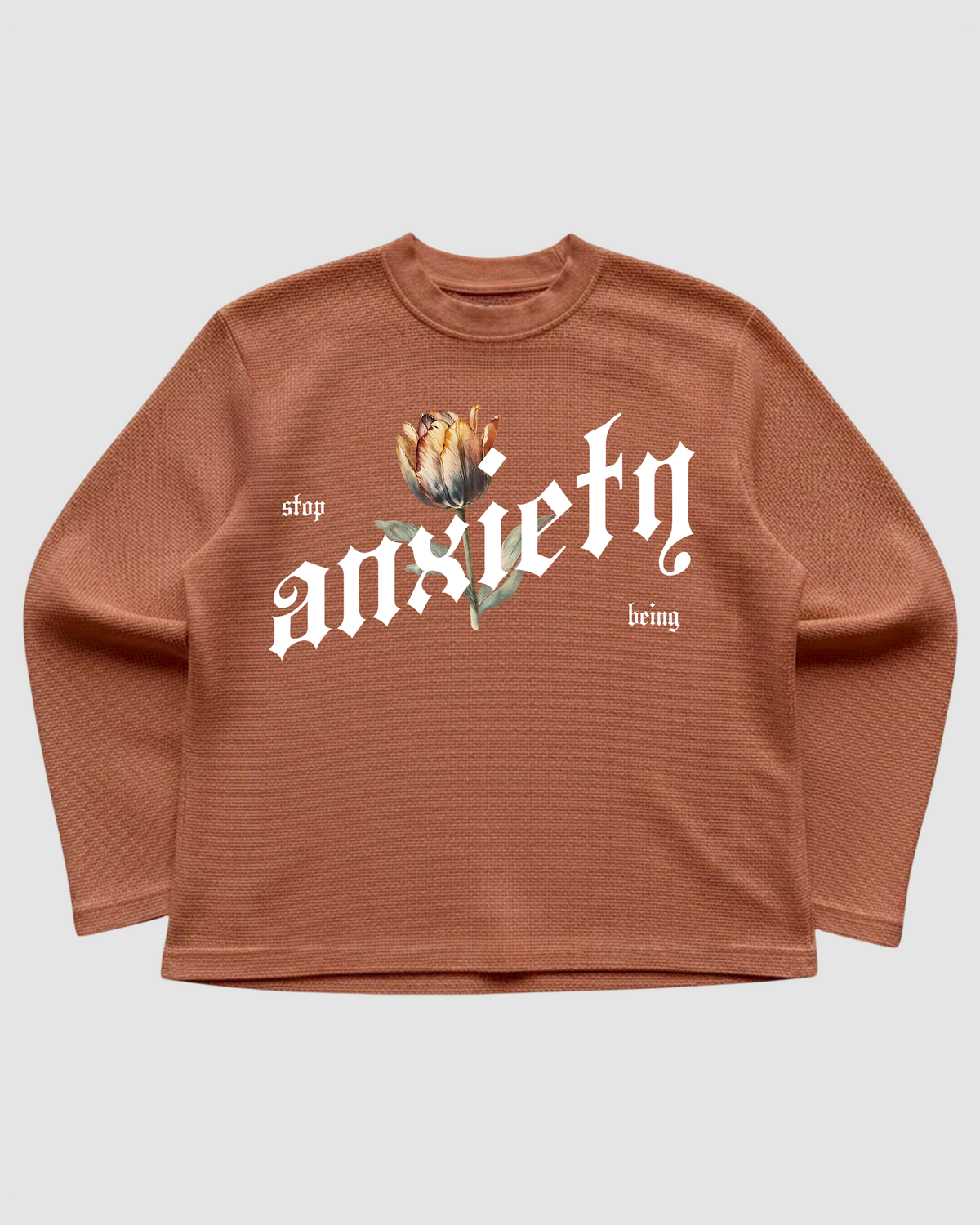 Anxiety Brown Waffle Knit Oversized Full-Sleeve T-Shirt | 240 GSM Cotton Graphic Tee