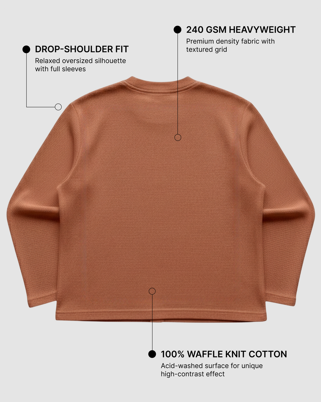Brown Waffle Knit Oversized Full-Sleeve T-Shirt | 240 GSM Cotton Waffle Knit Tee