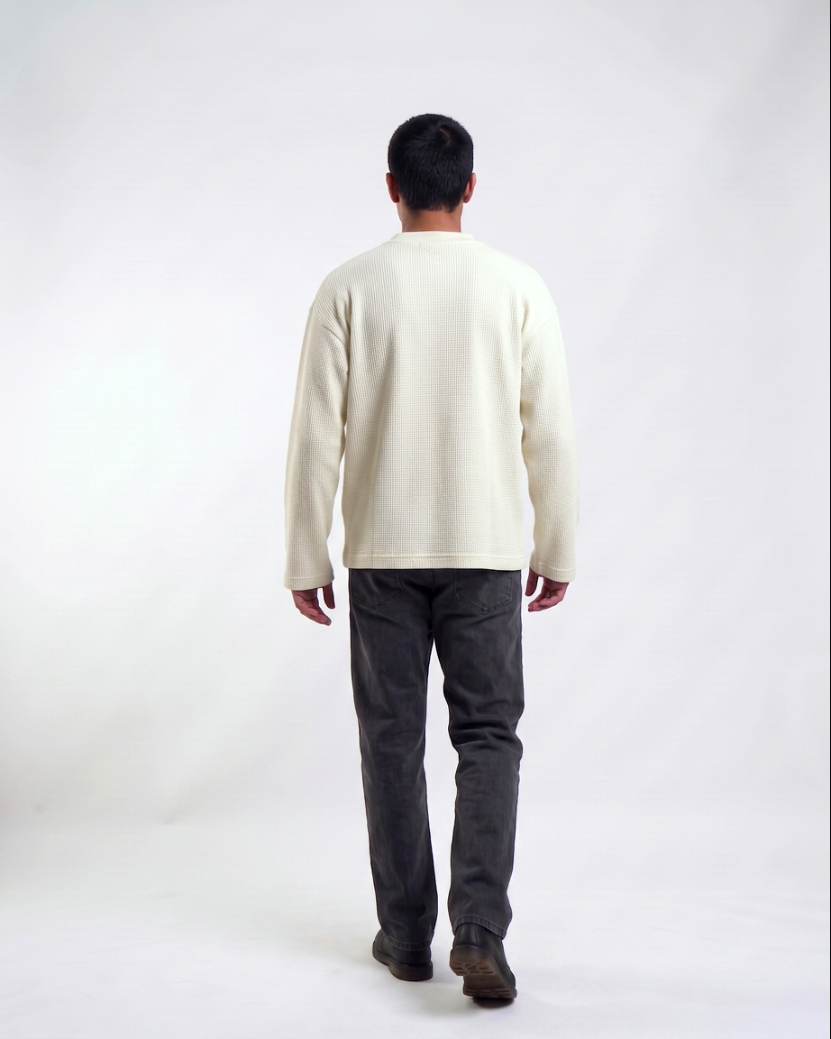Off-White Waffle Knit Oversized Full-Sleeve T-Shirt | 240 GSM Waffle Knit Cotton Oversized Tee