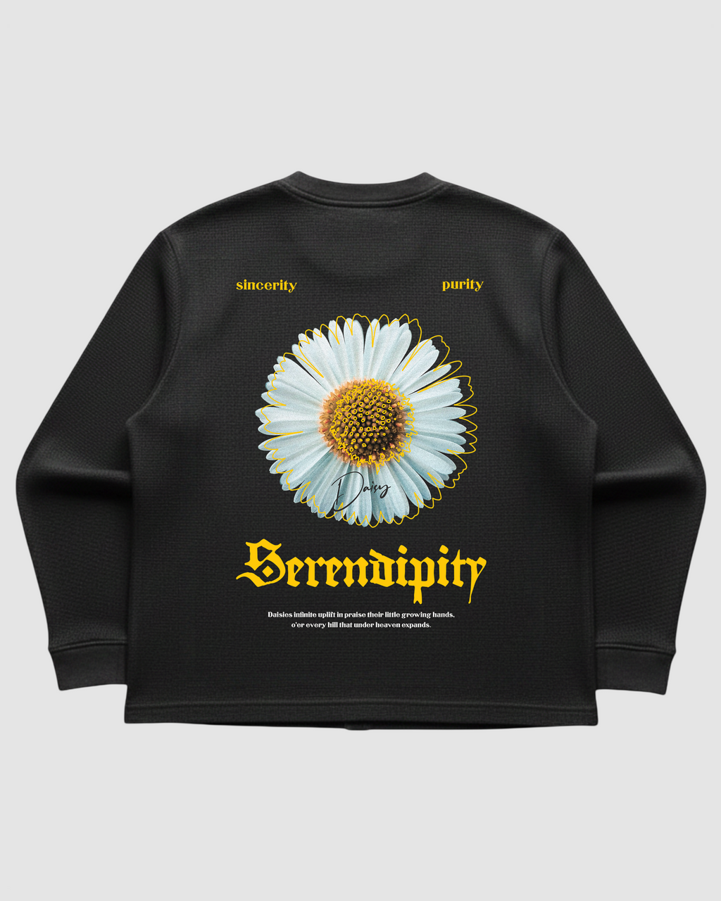 Serendipity Black Waffle Knit Oversized Full-Sleeve T-Shirt | 240 GSM Cotton Graphic Tee
