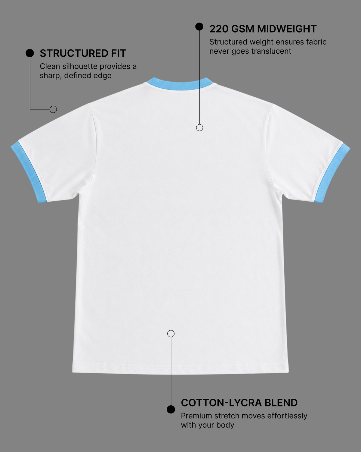 White & Sky Blue Ringer T-Shirt | 220 GSM 96% Cotton Lycra Ringer Tee